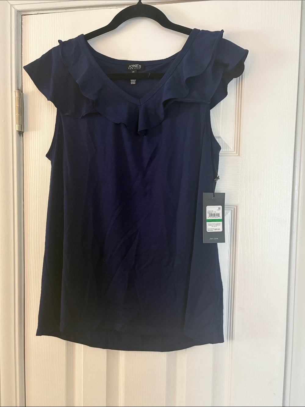 NWT Jones New York Women's Pacific Navy Ruffle Neck Cap Sleeve Top Size Large L